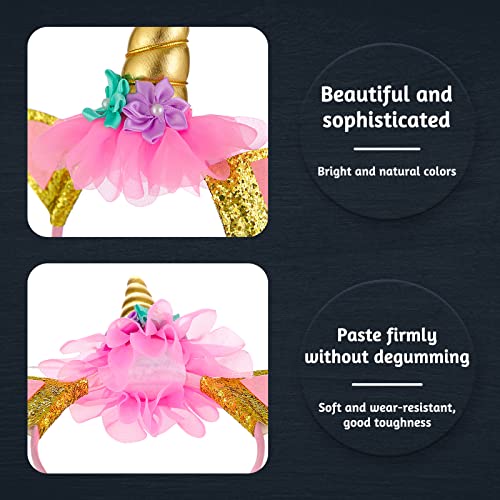 4 Pack Unicorn Headbands for Girls – Glitter Horns, Ears, and Flowers in Rainbow, Gold, Blue, Pink