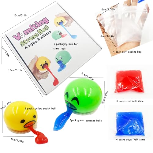 4-Pack Vomiting Egg Stress Balls with 8-Pack Slime - Funny Prank Sensory Toy for Kids & Adults