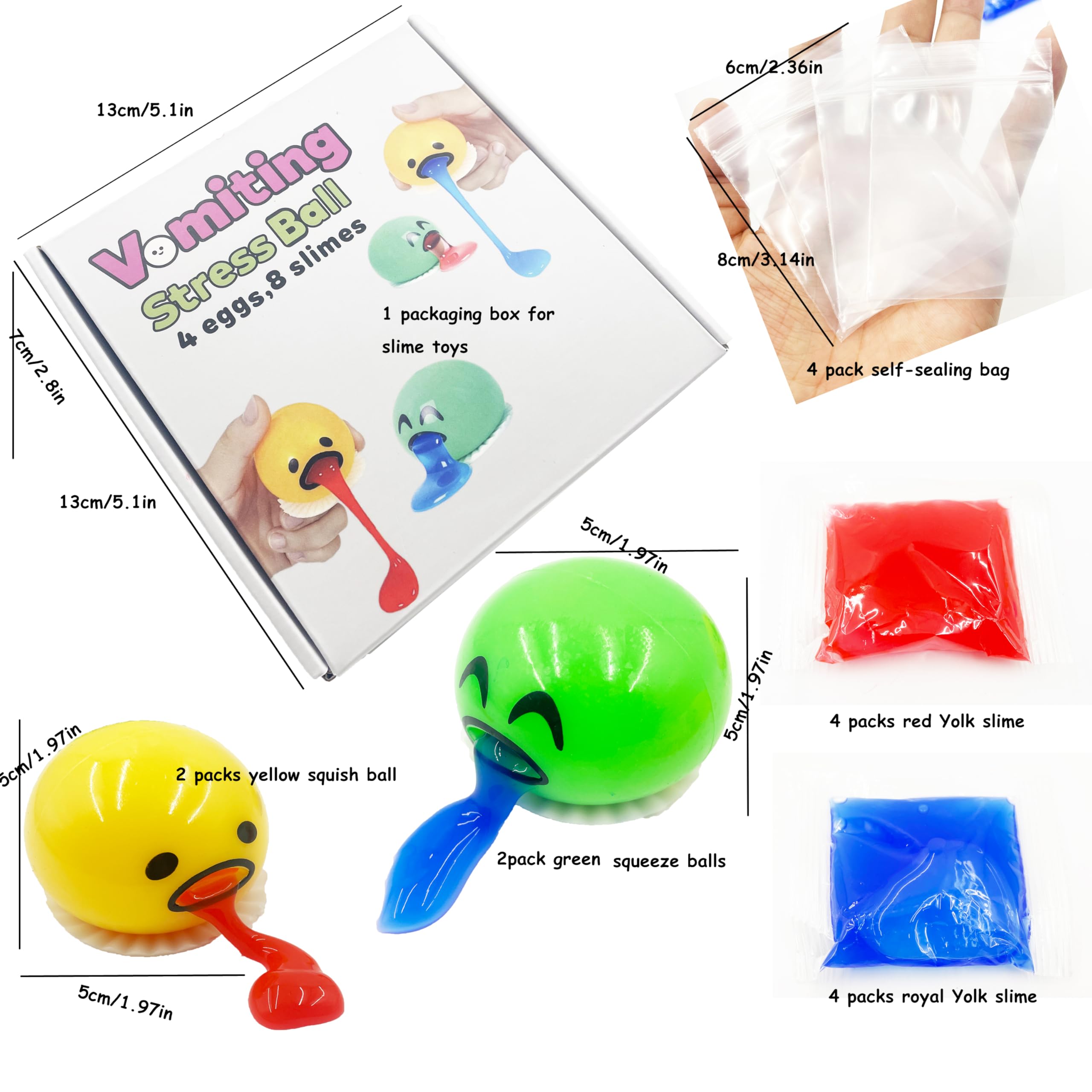 4-Pack Vomiting Egg Stress Balls with 8-Pack Slime - Funny Prank Sensory Toy for Kids & Adults