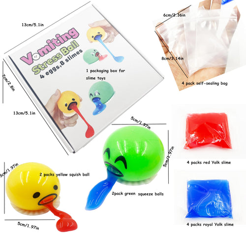 4-Pack Vomiting Egg Stress Balls with 8-Pack Slime - Funny Prank Sensory Toy for Kids & Adults