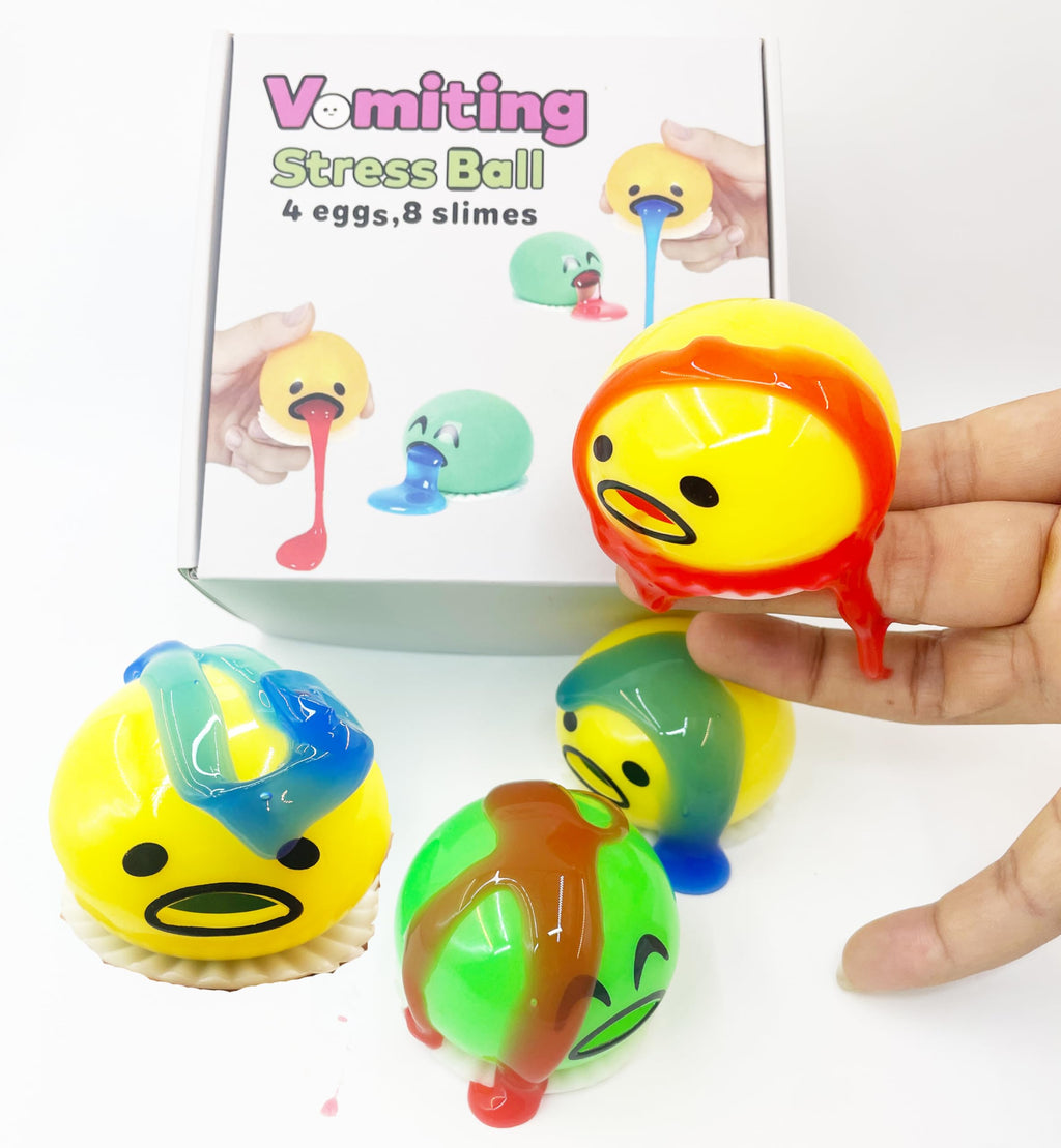 4-Pack Vomiting Egg Stress Balls with 8-Pack Slime - Funny Prank Sensory Toy for Kids & Adults