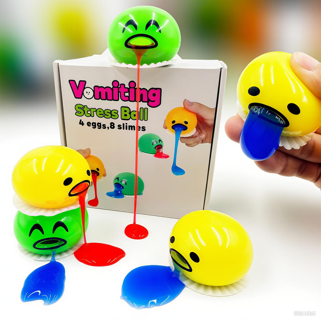 4-Pack Vomiting Egg Stress Balls with 8-Pack Slime - Funny Prank Sensory Toy for Kids & Adults