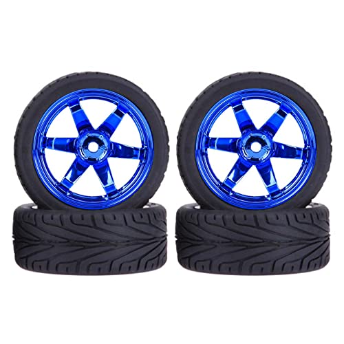 4-Piece 1/10 RC Tires & Plastic Rims for On-Road Touring Drift Cars - Blue