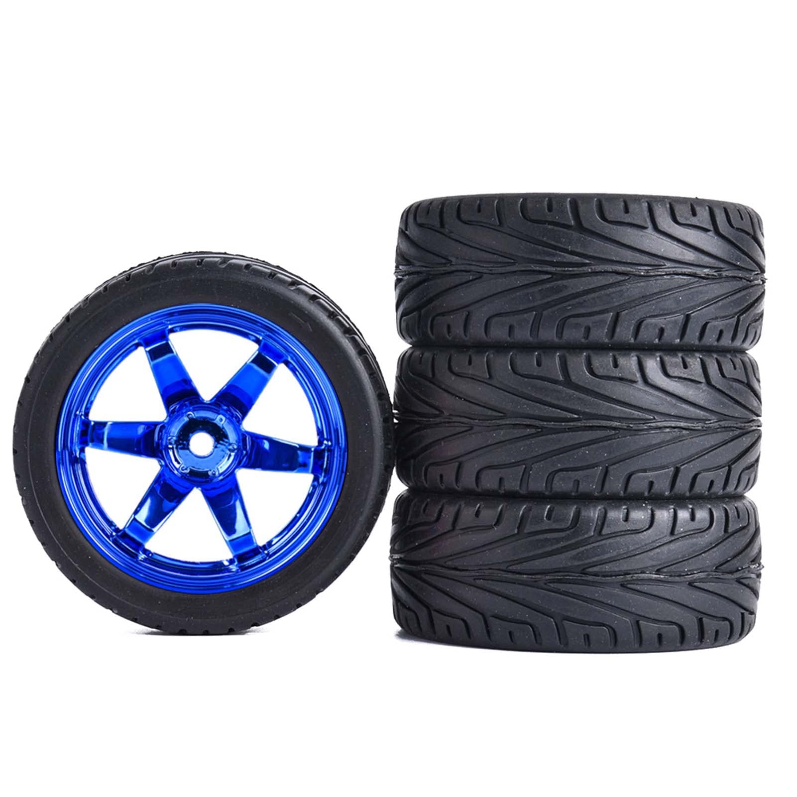 4-Piece 1/10 RC Tires & Plastic Rims for On-Road Touring Drift Cars - Blue