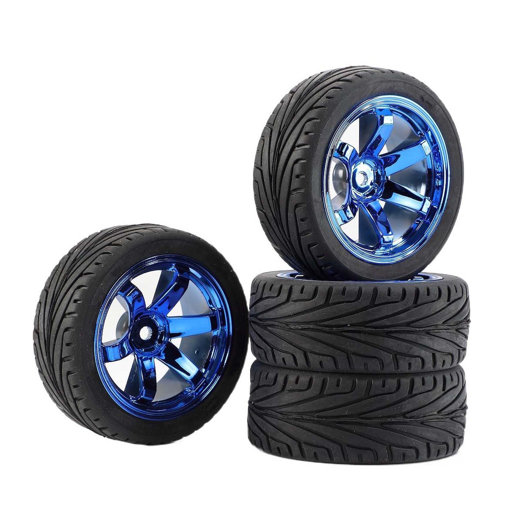 4-Piece 1/10 RC Tires & Plastic Rims for On-Road Touring Drift Cars - Blue