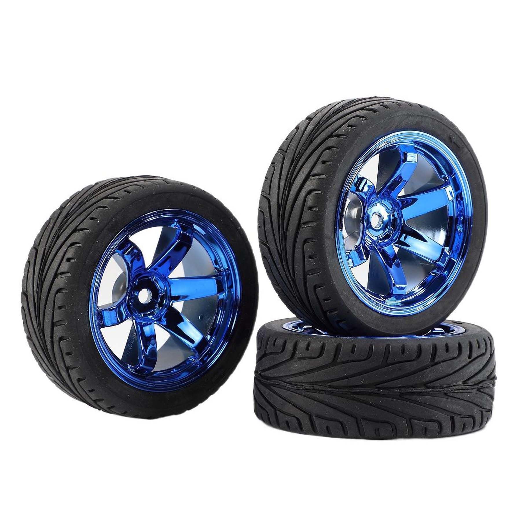 4-Piece 1/10 RC Tires & Plastic Rims for On-Road Touring Drift Cars - Blue