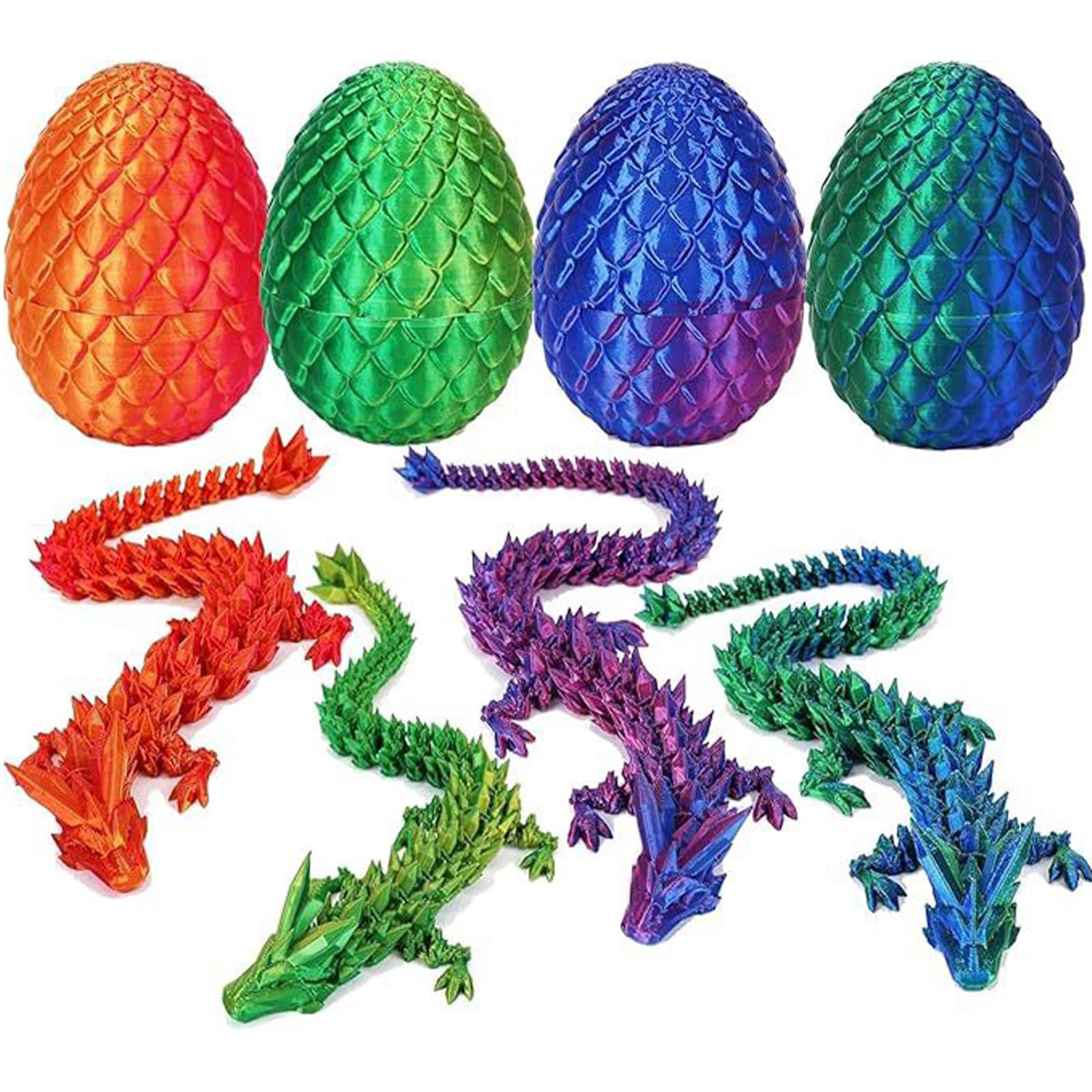 4-Piece 3D Printed Dragon and Egg Set – 8.7" Articulated Dragon with 4 Colorful Eggs in PLA Plastic for Stress Relief and Fantasy Decor