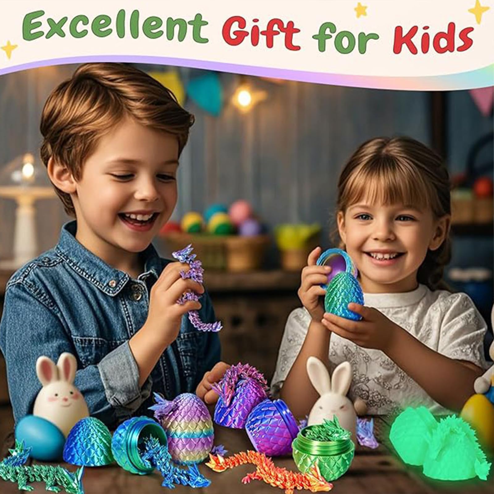 4-Piece 3D Printed Dragon and Egg Set – 8.7" Articulated Dragon with 4 Colorful Eggs in PLA Plastic for Stress Relief and Fantasy Decor