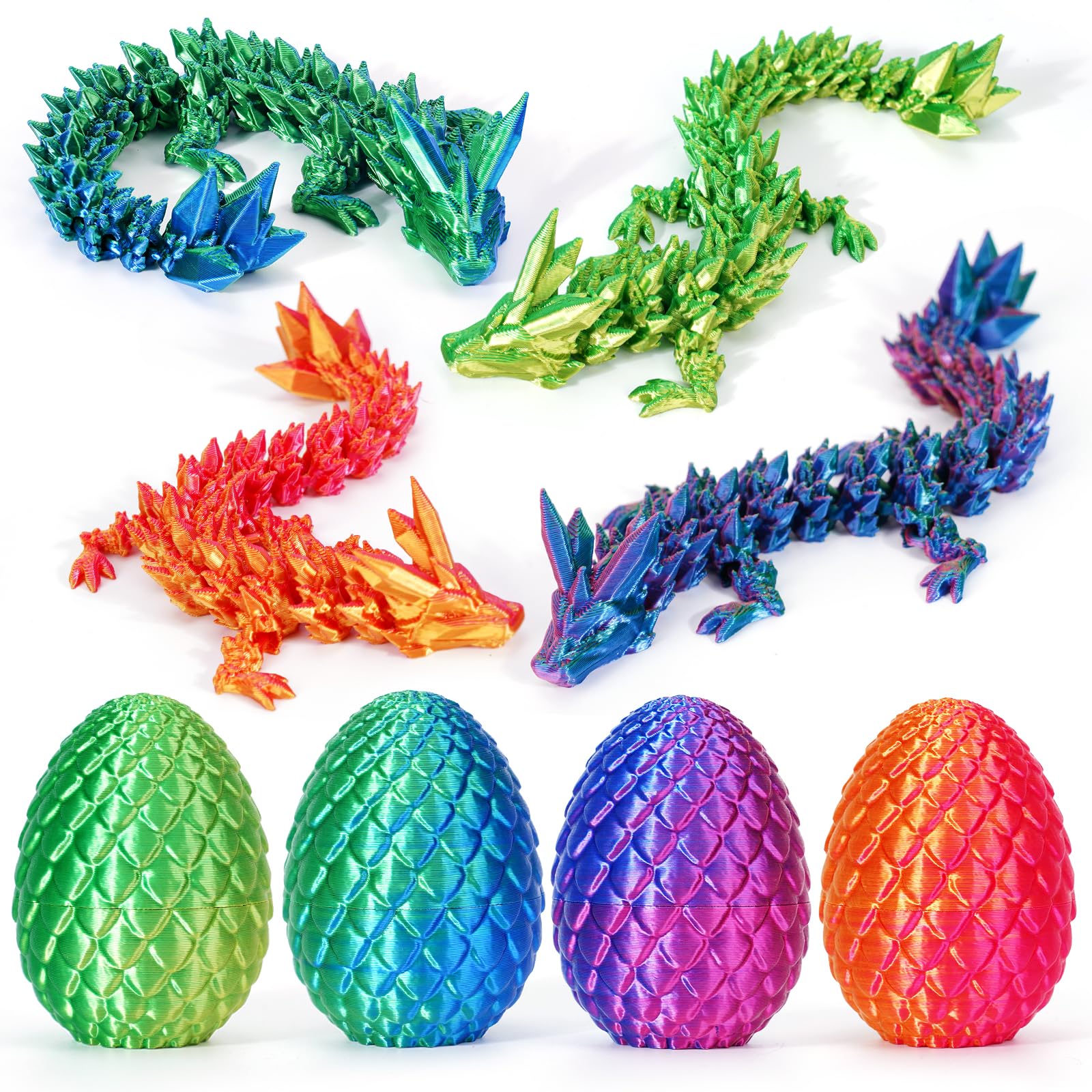 4-Piece 3D Printed Dragon Egg Set with Poseable Crystal Dragons for Easter and Party Favors