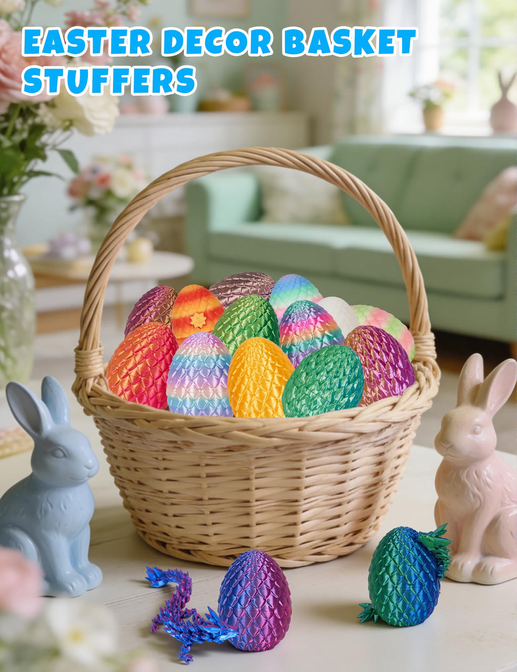 4-Piece 3D Printed Dragon Egg Set with Poseable Crystal Dragons for Easter and Party Favors