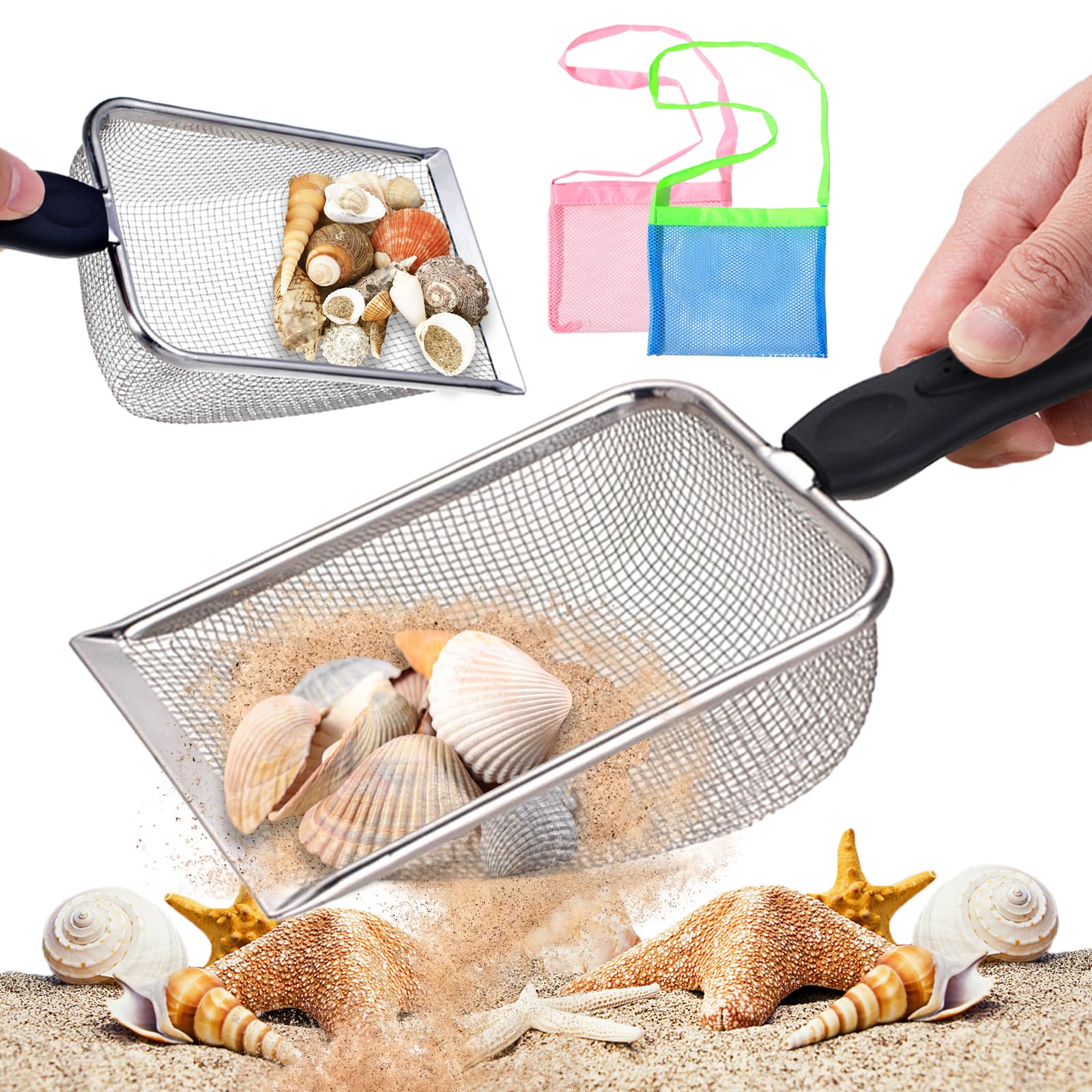 4-Piece Beach Mesh Shovel and Bag Set for Shell Collecting - Stainless Steel Sand Sifter with Adjustable Strap - TUSAUW