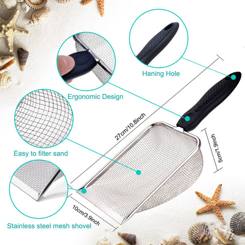 4-Piece Beach Mesh Shovel and Bag Set for Shell Collecting - Stainless Steel Sand Sifter with Adjustable Strap - TUSAUW