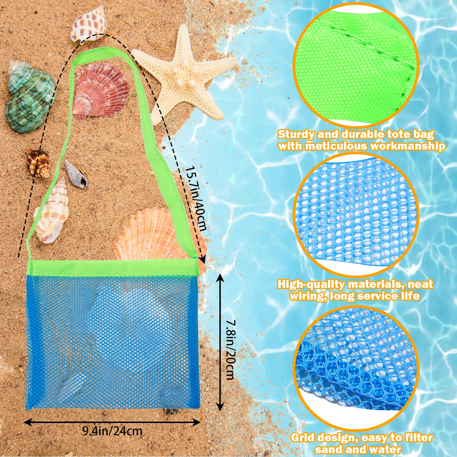 4-Piece Beach Mesh Shovel and Bag Set for Shell Collecting - Stainless Steel Sand Sifter with Adjustable Strap - TUSAUW