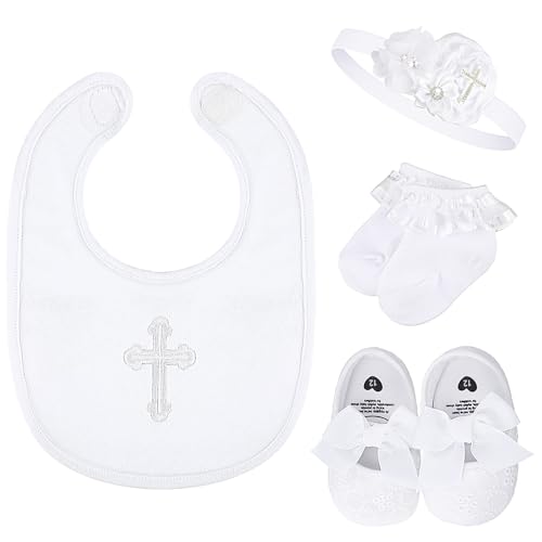 4-Piece Christening Baptism Outfit for Baby Girl – White Bib, Shoes, Socks, and Headband Set