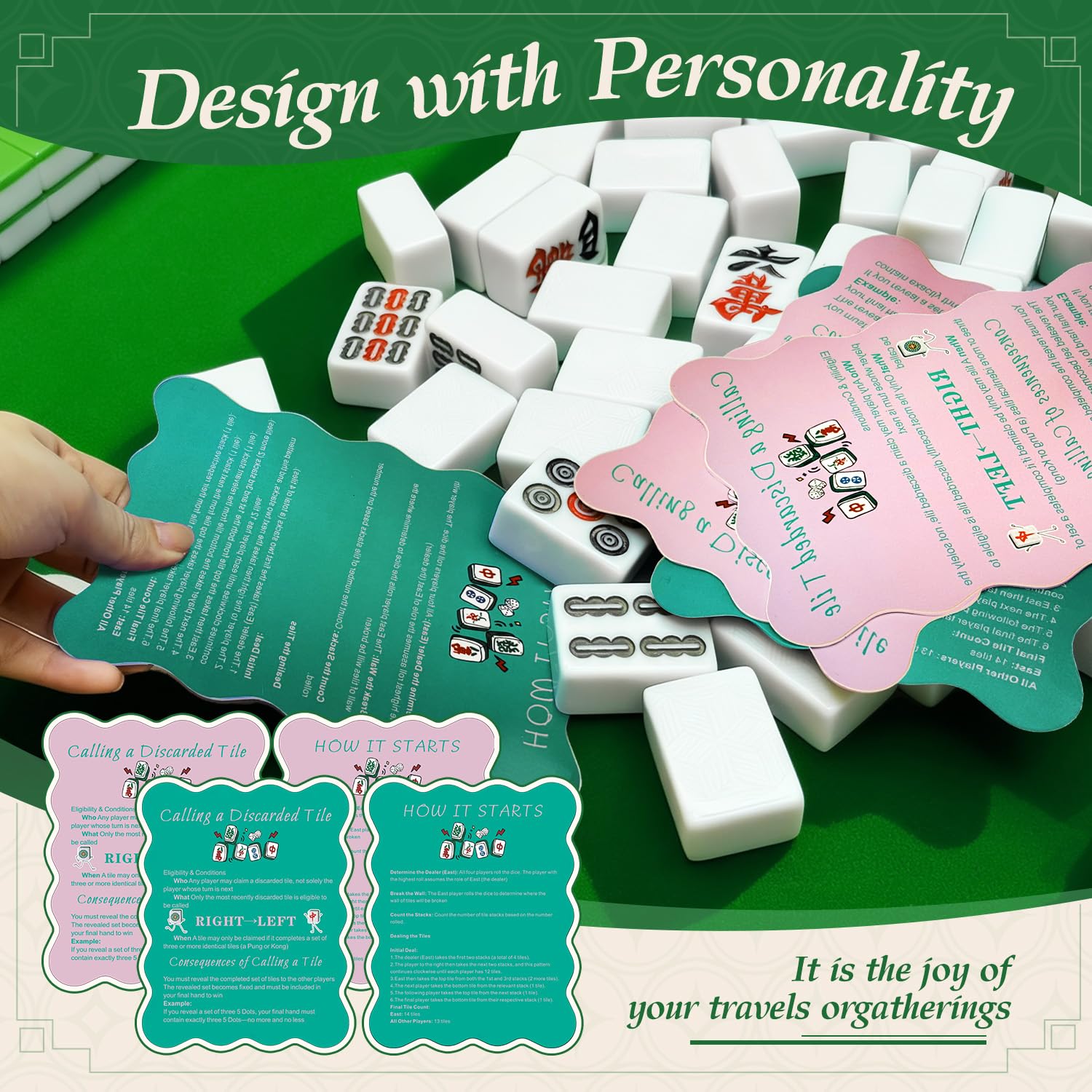 4-Piece Mahjong Tile Shuffler Set with Printed Rules – Manual Mixer for Beginners (Powder Blusher Pink & Green)