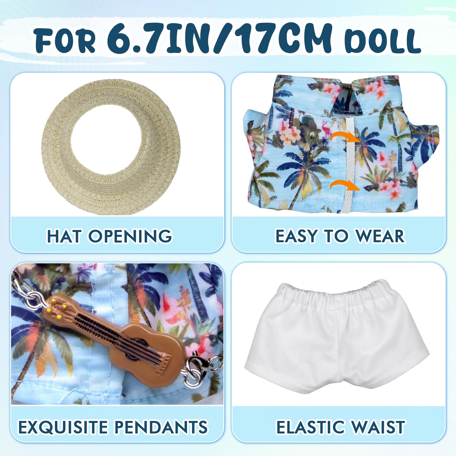 4-Piece Summer Vacation Outfit for 6.7in/17cm Dolls - Includes Hat, Shirt, Pants & Guitar