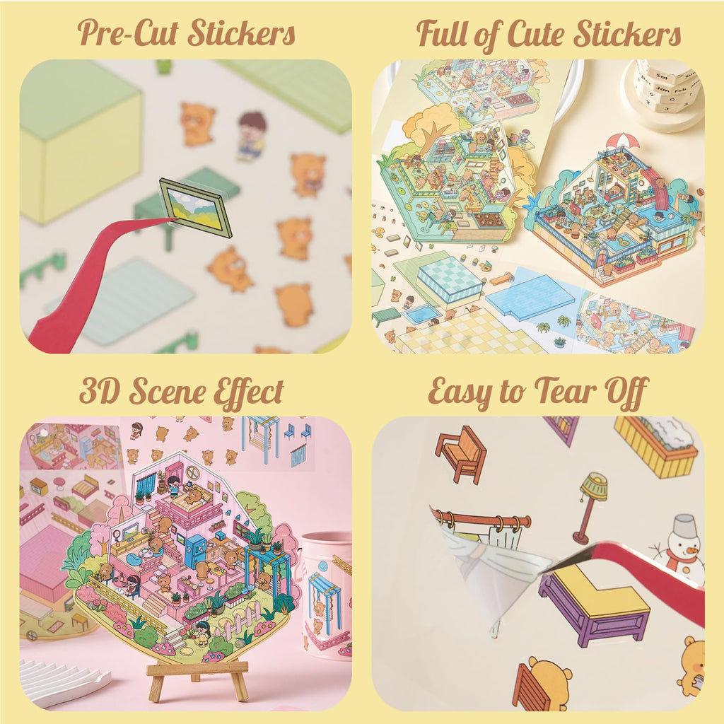 4-Season 3D Scene Sticker Set with Large Backgrounds and Tweezers - 4 DIY Miniature House Kits for Creativity and Stress Relief