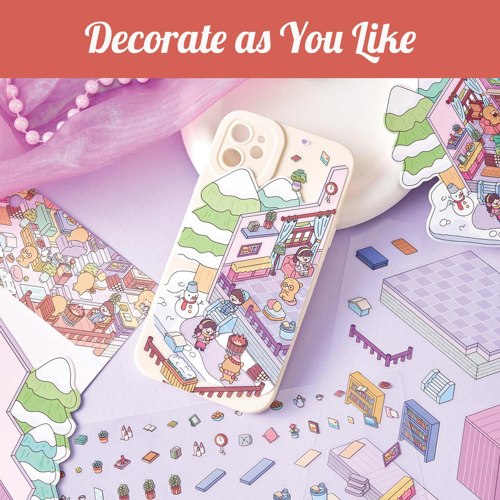 4-Season 3D Scene Sticker Set with Large Backgrounds and Tweezers - 4 DIY Miniature House Kits for Creativity and Stress Relief