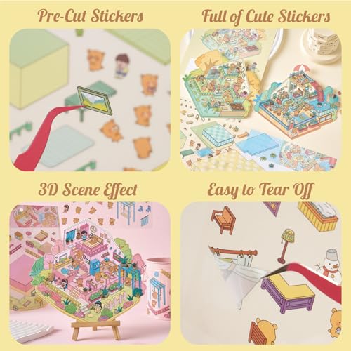 4-Season 3D Scene Sticker Set with Large Backgrounds and Tweezers - 4 DIY Miniature House Kits for Creativity and Stress Relief