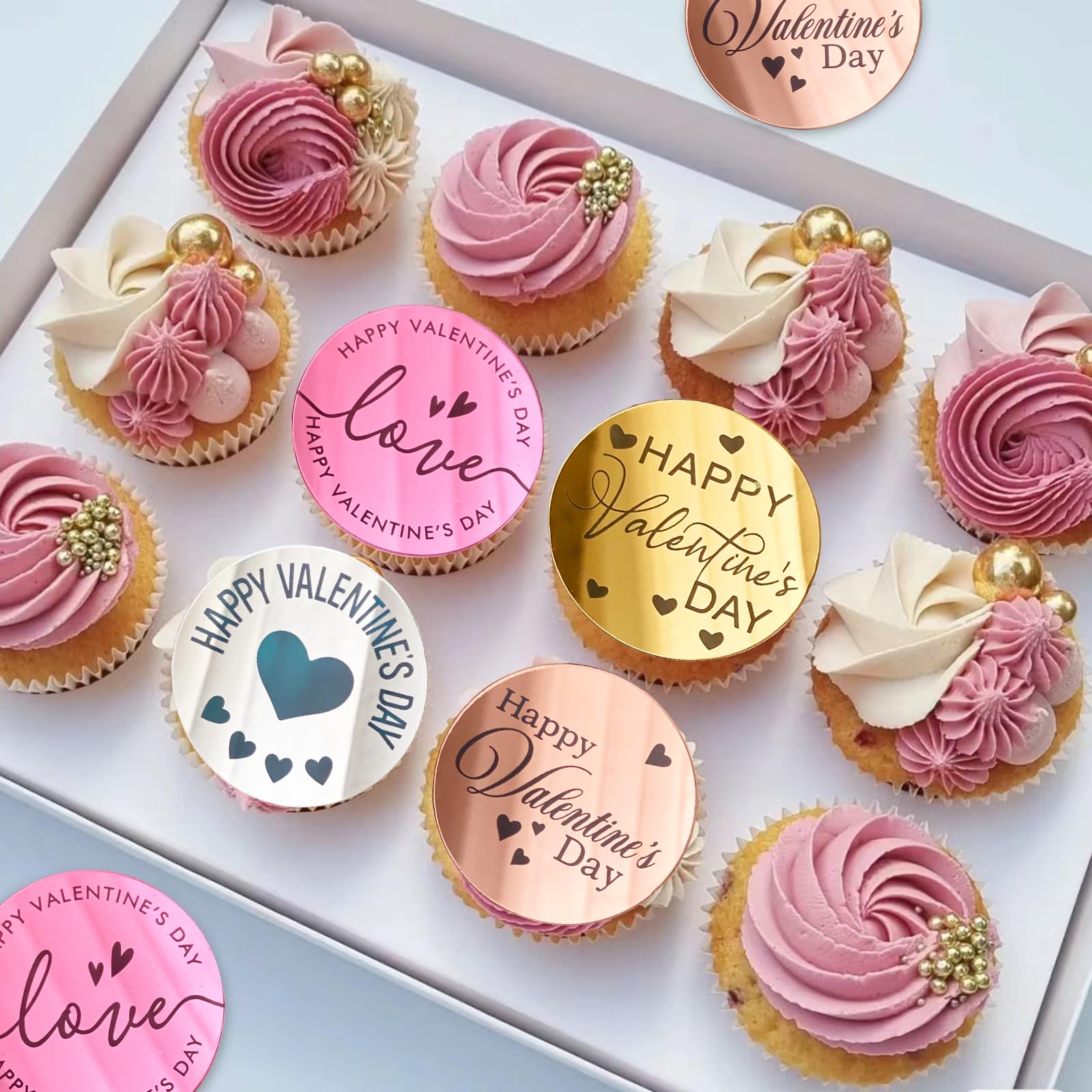 40 Acrylic Happy Valentine's Day Cupcake Toppers – 4 Colors, Mirror Finish, Reusable