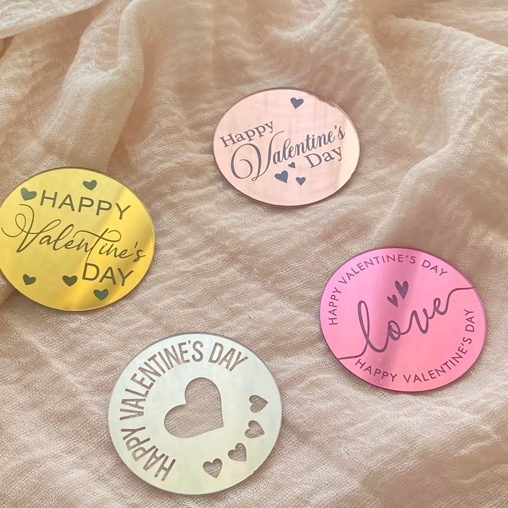 40 Acrylic Happy Valentine's Day Cupcake Toppers – 4 Colors, Mirror Finish, Reusable