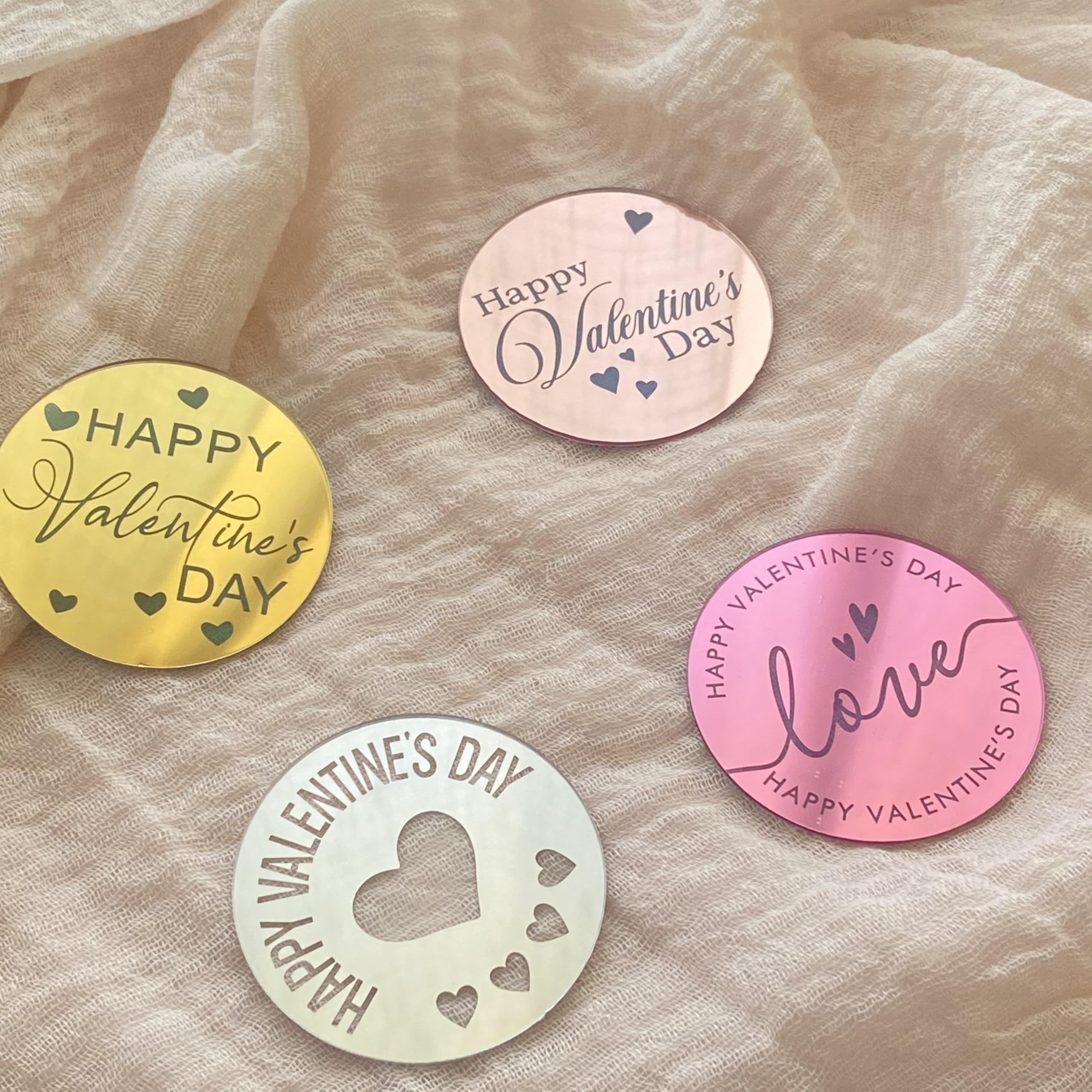 40 Acrylic Happy Valentine's Day Cupcake Toppers – 4 Colors, Mirror Finish, Reusable