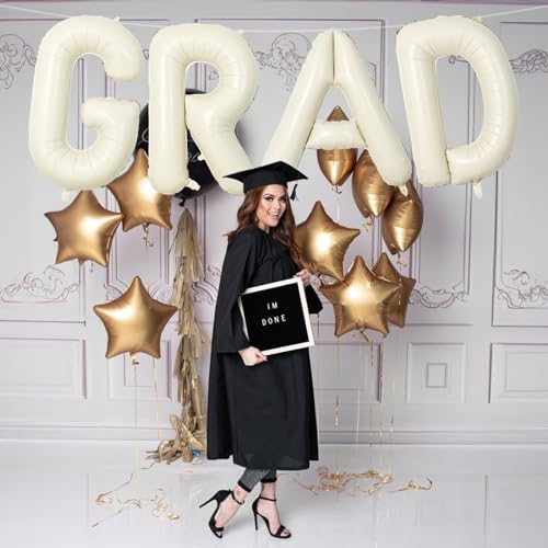 40 Inch Beige GRAD Balloons for Graduation Party Decor - Large Cream Foil Letters for Class of 2026