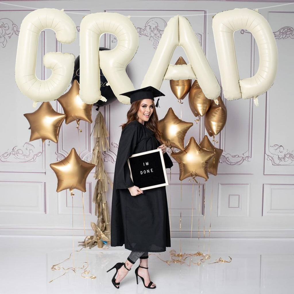 40 Inch Beige GRAD Balloons for Graduation Party Decor - Large Cream Foil Letters for Class of 2026