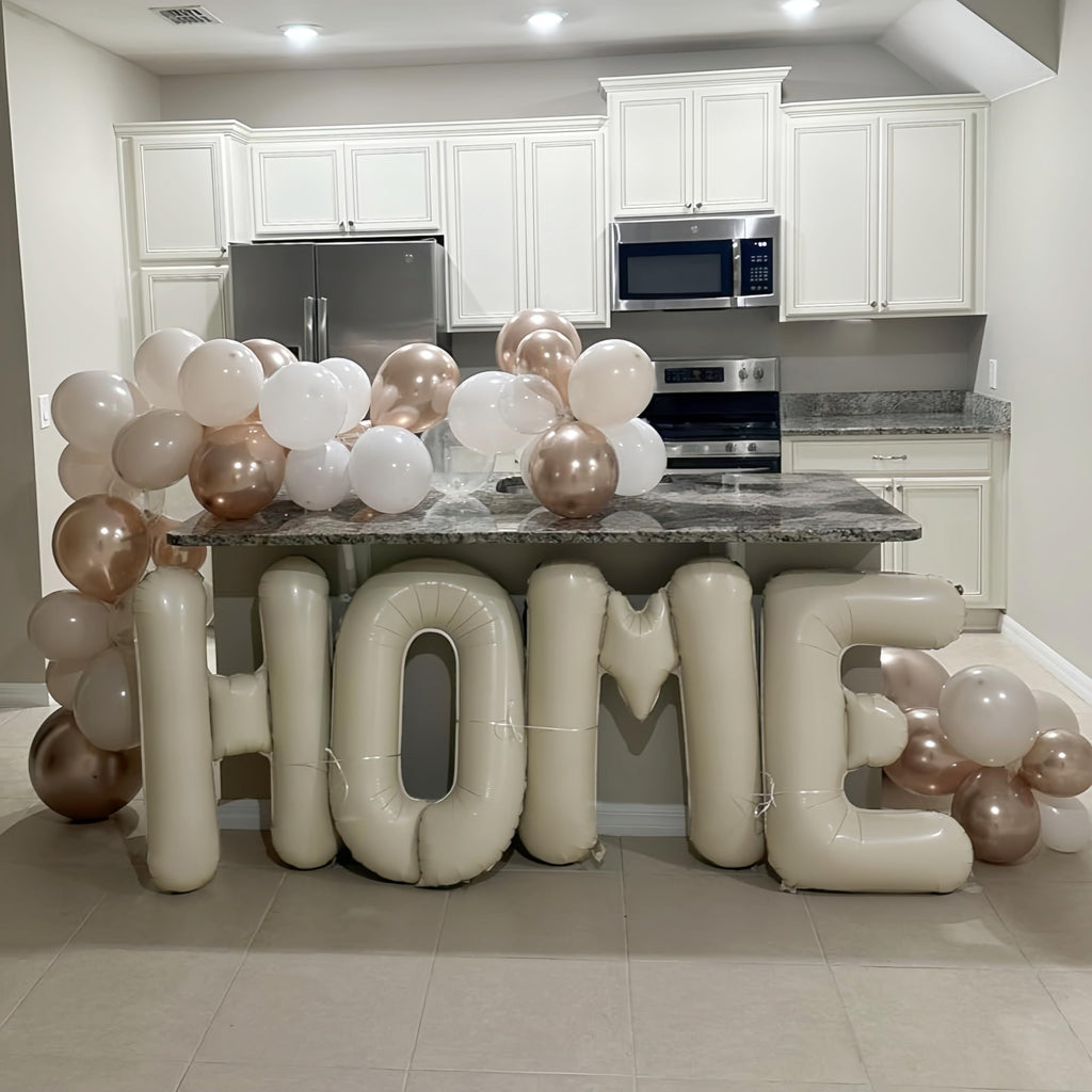 40 Inch Beige HOME Foil Letter Balloons Set for Housewarming Party Decorations - Reusable Mylar Balloon Banner with Ribbon