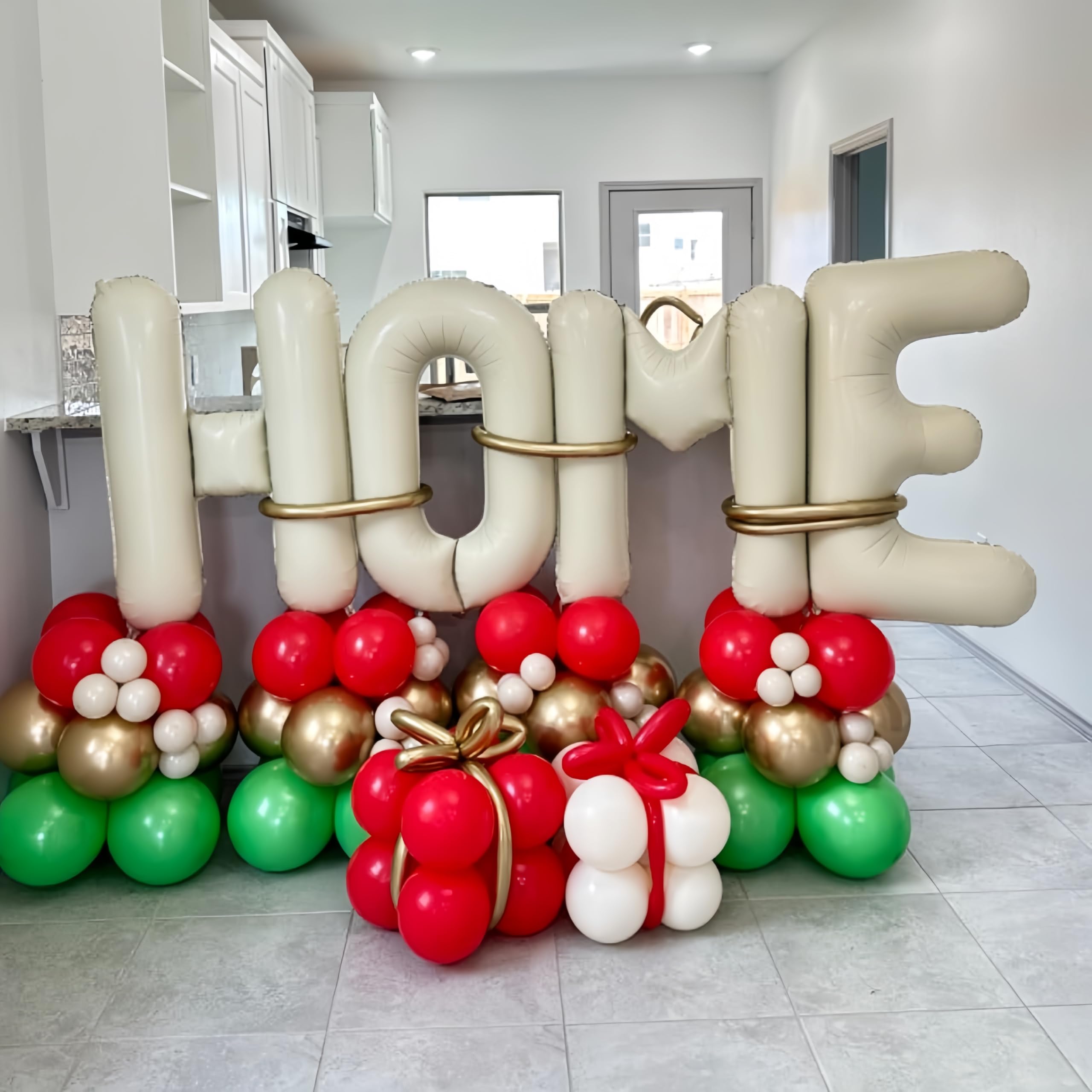 40 Inch Beige HOME Foil Letter Balloons Set for Housewarming Party Decorations - Reusable Mylar Balloon Banner with Ribbon