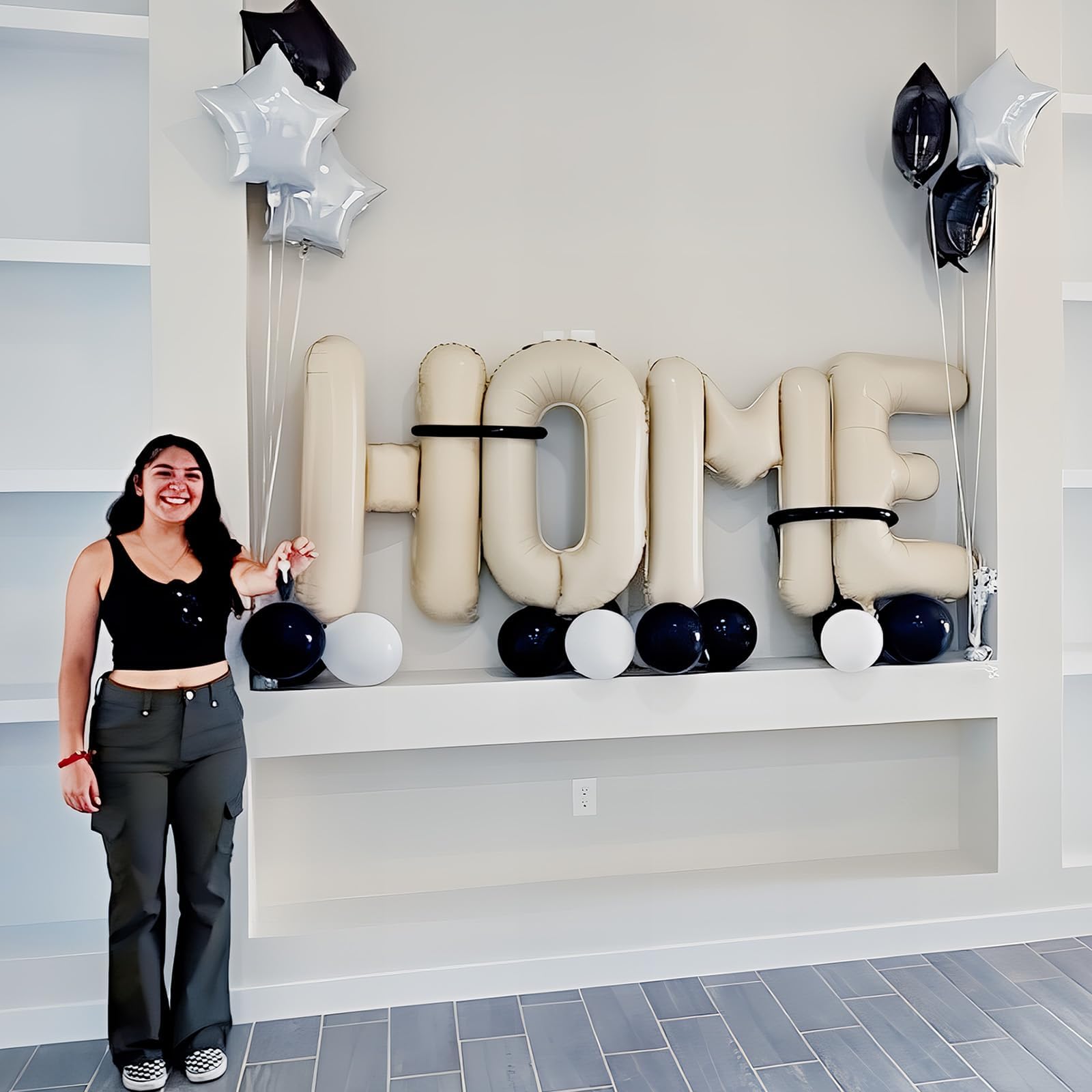 40 Inch Beige HOME Foil Letter Balloons Set for Housewarming Party Decorations - Reusable Mylar Balloon Banner with Ribbon