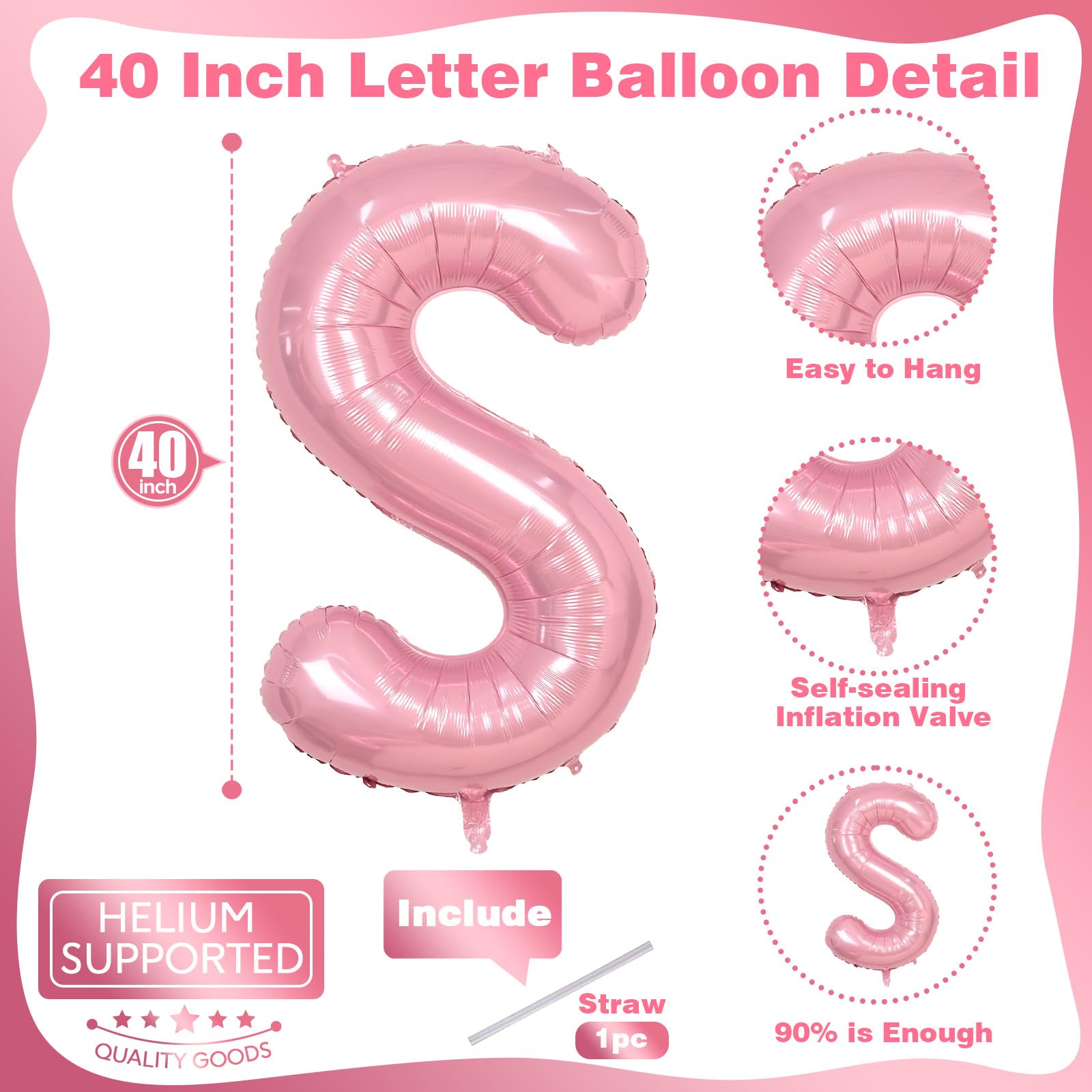 40 Inch Pastel Pink BIG SIS Letter Balloons – Pearl Pink Foil Balloon Set with Ribbon for Baby Shower, Gender Reveal, Birthday Party Decorations