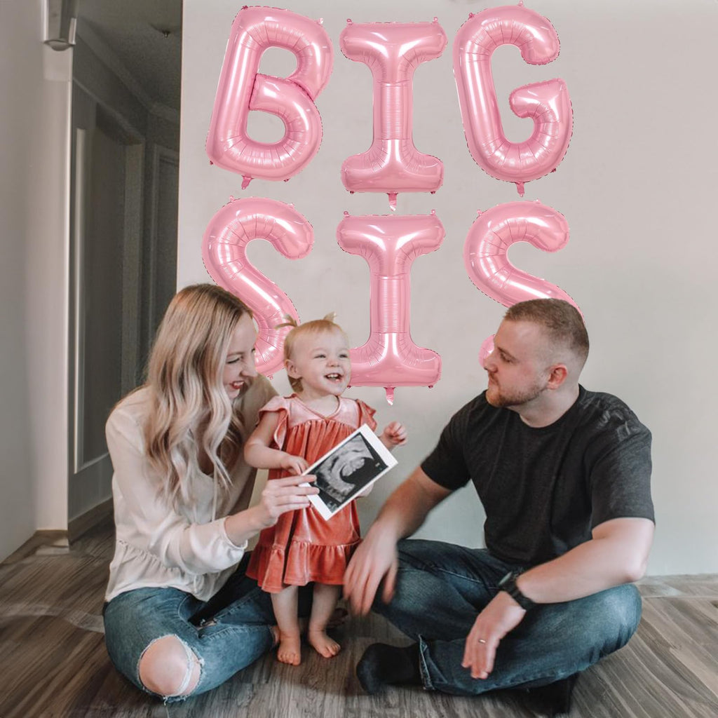 40 Inch Pastel Pink BIG SIS Letter Balloons – Pearl Pink Foil Balloon Set with Ribbon for Baby Shower, Gender Reveal, Birthday Party Decorations