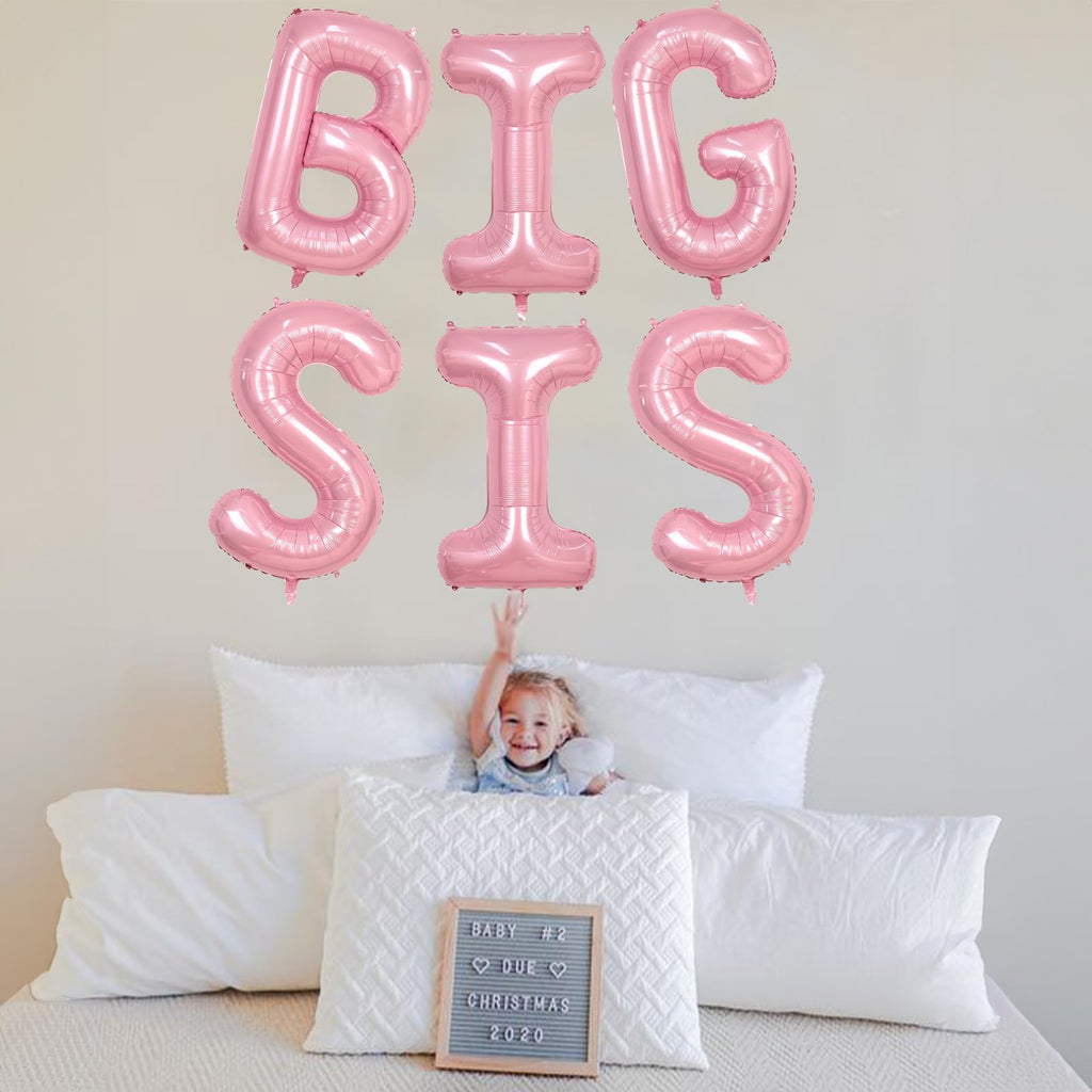 40 Inch Pastel Pink BIG SIS Letter Balloons – Pearl Pink Foil Balloon Set with Ribbon for Baby Shower, Gender Reveal, Birthday Party Decorations