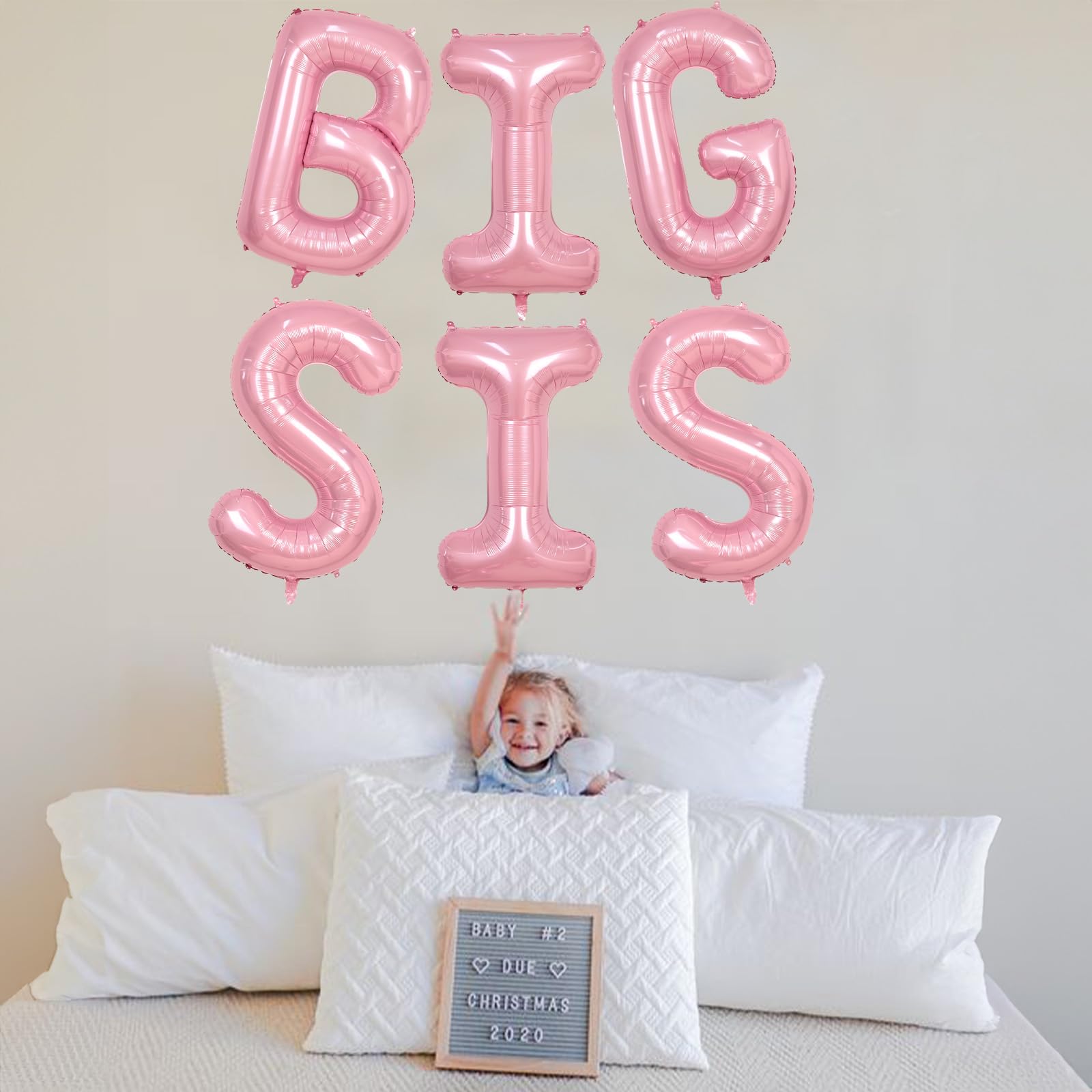 40 Inch Pastel Pink BIG SIS Letter Balloons – Pearl Pink Foil Balloon Set with Ribbon for Baby Shower, Gender Reveal, Birthday Party Decorations