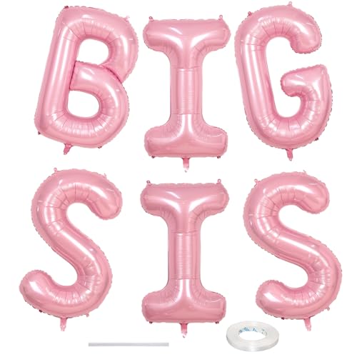 40 Inch Pastel Pink BIG SIS Letter Balloons – Pearl Pink Foil Balloon Set with Ribbon for Baby Shower, Gender Reveal, Birthday Party Decorations