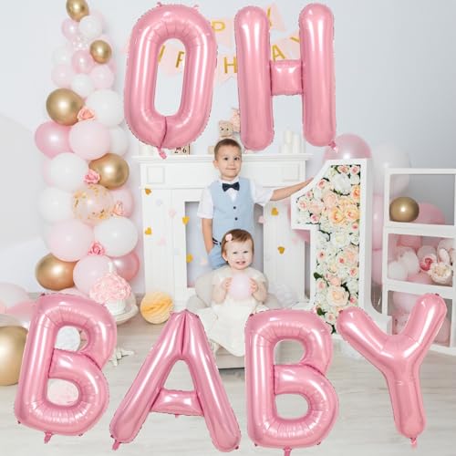 40 Inch Pastel Pink OH BABY Balloon Letters Set - 6 Foil Balloons with Ribbon for Baby Shower Gender Reveal Decor