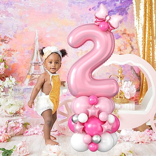 40 Inch Pink Number 2 Balloon for 2nd Birthday - Pastel Pink Foil & Latex Tower Set with Stars and Bow