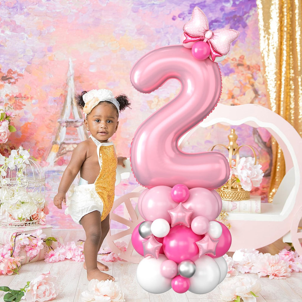 40 Inch Pink Number 2 Balloon for 2nd Birthday - Pastel Pink Foil & Latex Tower Set with Stars and Bow