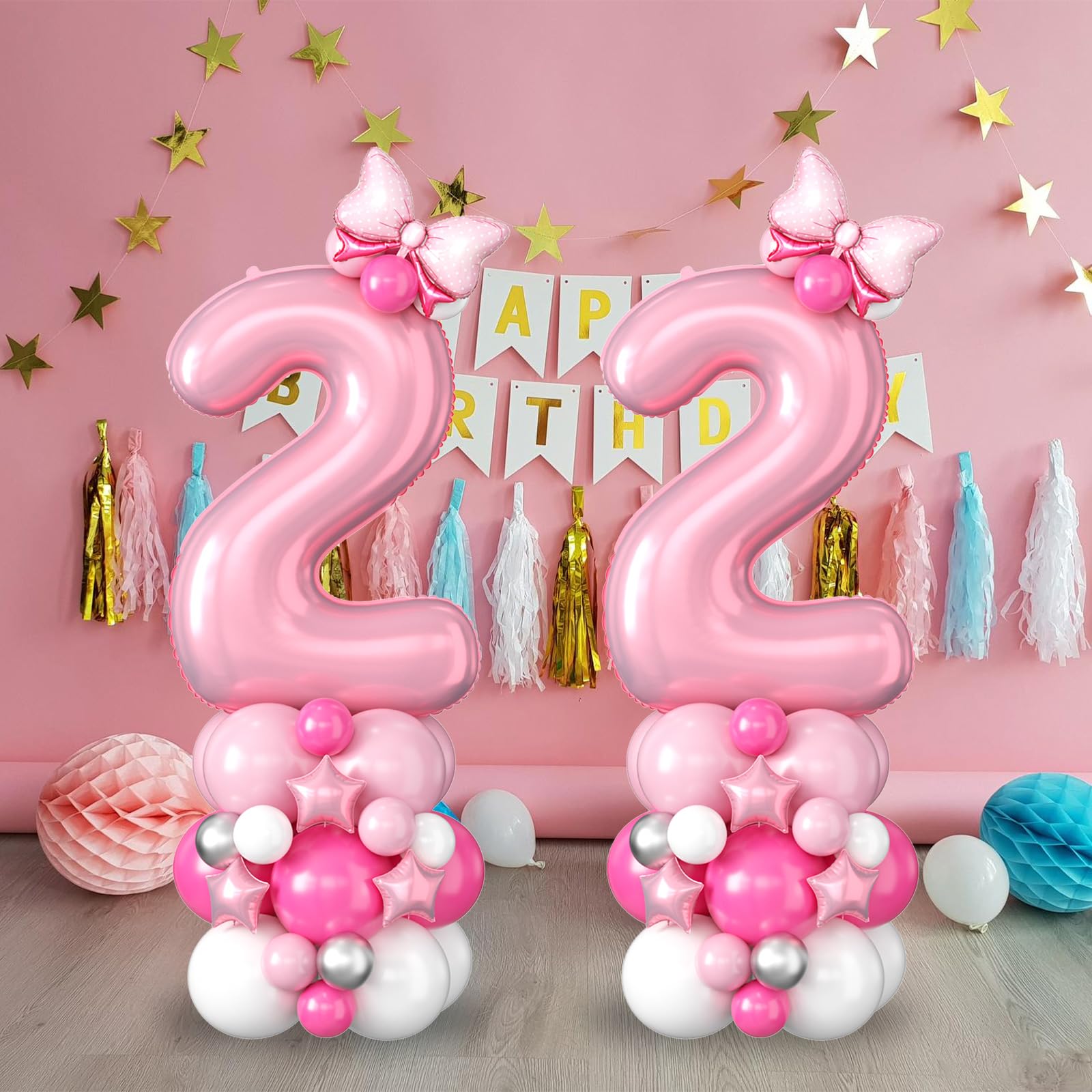 40 Inch Pink Number 2 Balloon for 2nd Birthday - Pastel Pink Foil & Latex Tower Set with Stars and Bow