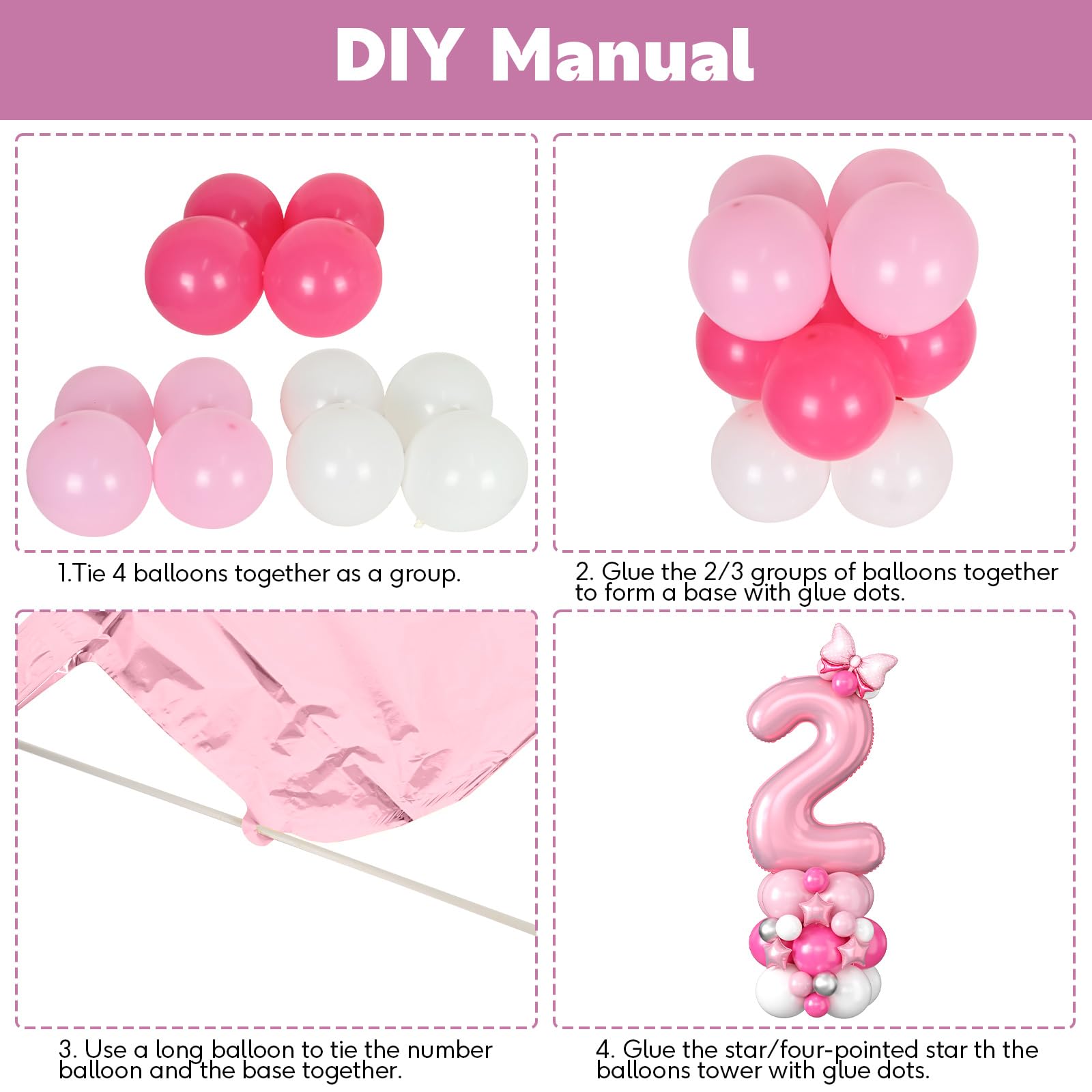 40 Inch Pink Number 2 Balloon for 2nd Birthday - Pastel Pink Foil & Latex Tower Set with Stars and Bow