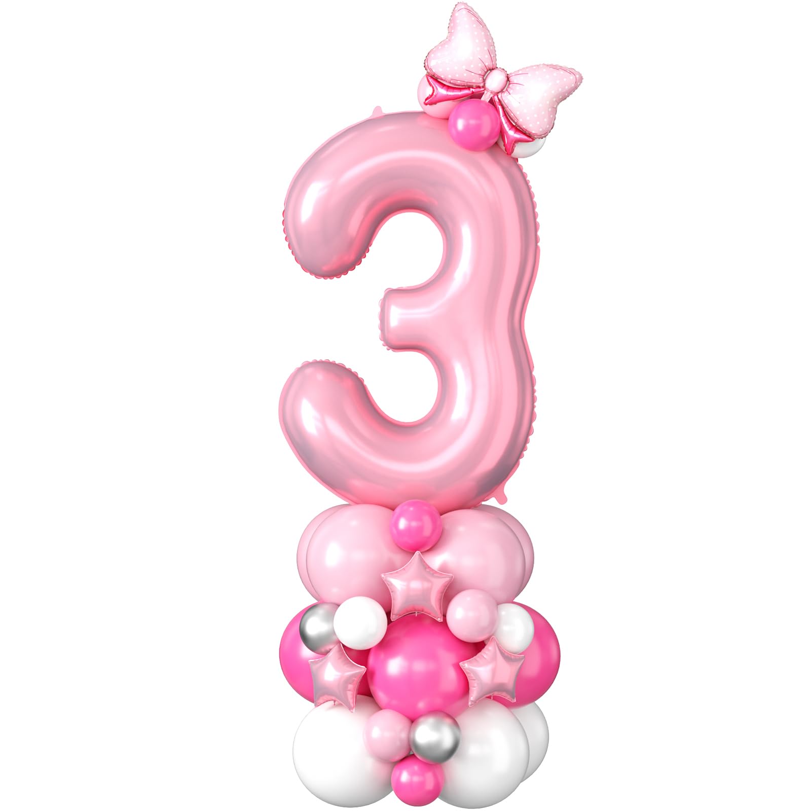 40 Inch Pink Number 3 Balloon Tower Set for 3rd Birthday, Pastel Pink Foil & Latex Balloons with Stars and Bow