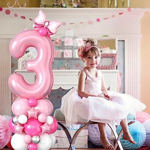 40 Inch Pink Number 3 Balloon Tower Set for 3rd Birthday, Pastel Pink Foil & Latex Balloons with Stars and Bow