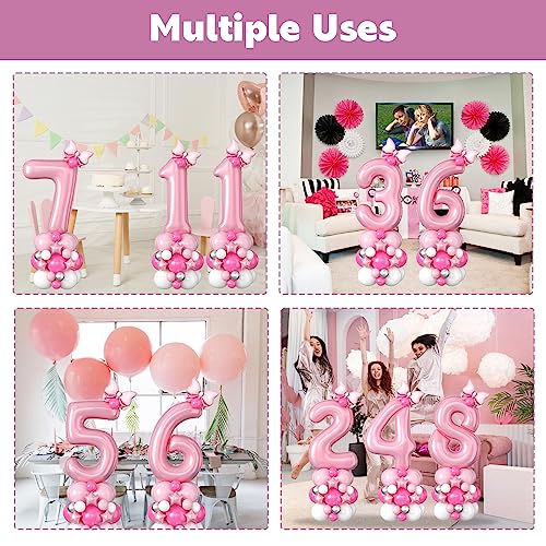 40 Inch Pink Number 3 Balloon Tower Set for 3rd Birthday, Pastel Pink Foil & Latex Balloons with Stars and Bow