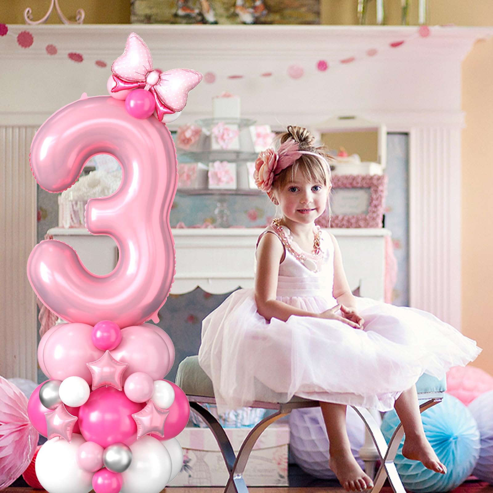 40 Inch Pink Number 3 Balloon Tower Set for 3rd Birthday, Pastel Pink Foil & Latex Balloons with Stars and Bow