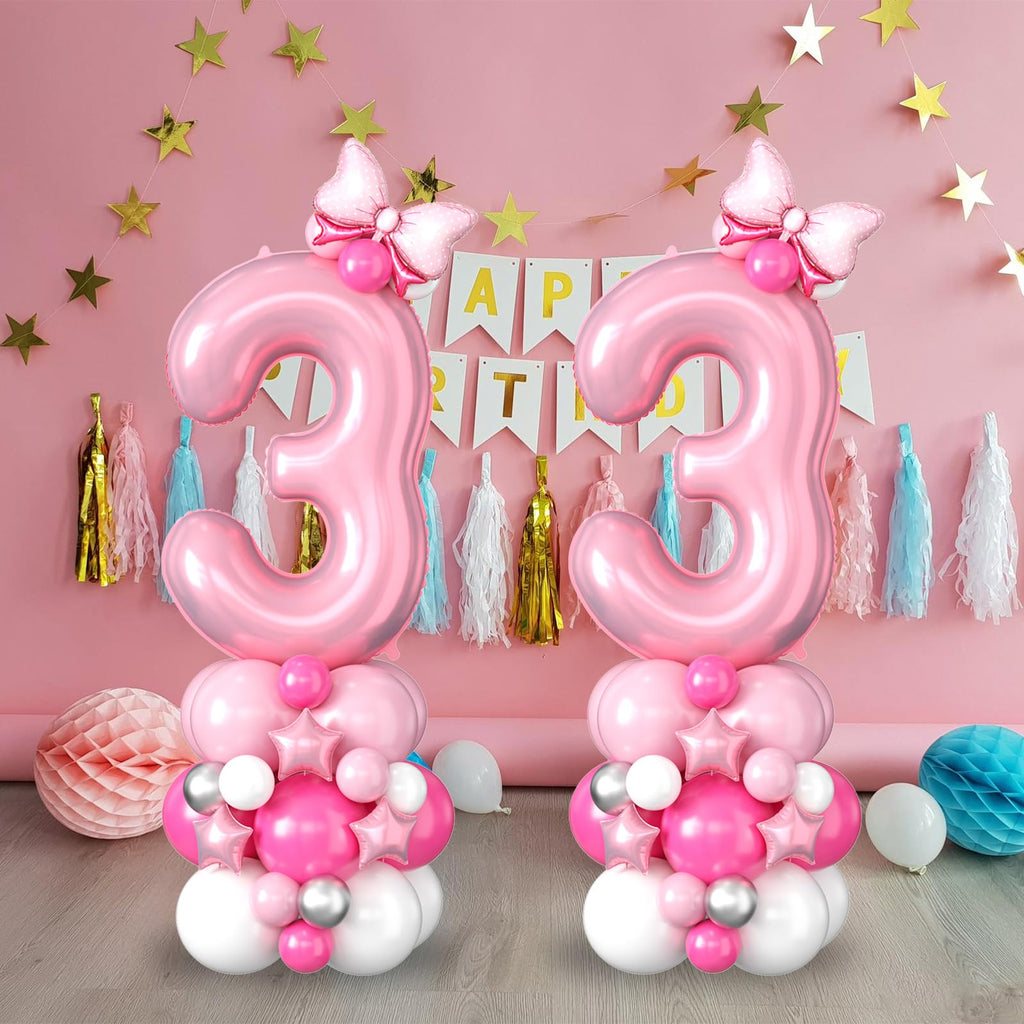 40 Inch Pink Number 3 Balloon Tower Set for 3rd Birthday, Pastel Pink Foil & Latex Balloons with Stars and Bow