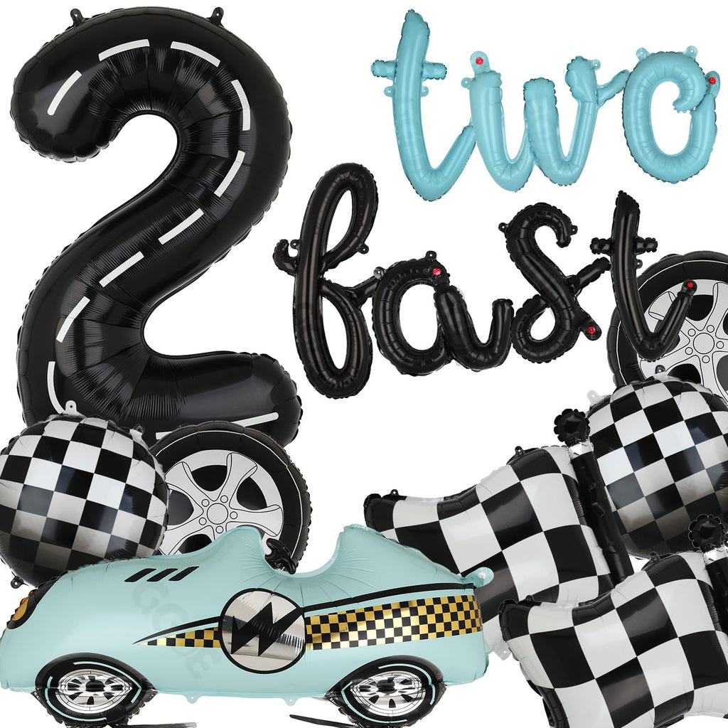 40-Inch Race Car Number 2 Balloon & Two Fast Banner Set - Black Blue Party Decor