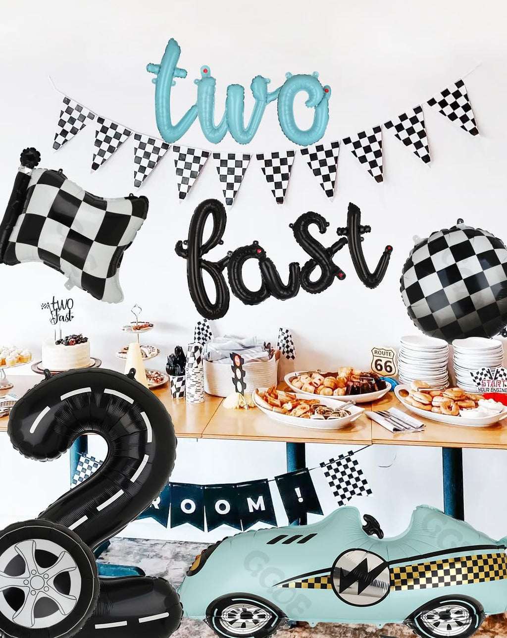 40-Inch Race Car Number 2 Balloon & Two Fast Banner Set - Black Blue Party Decor