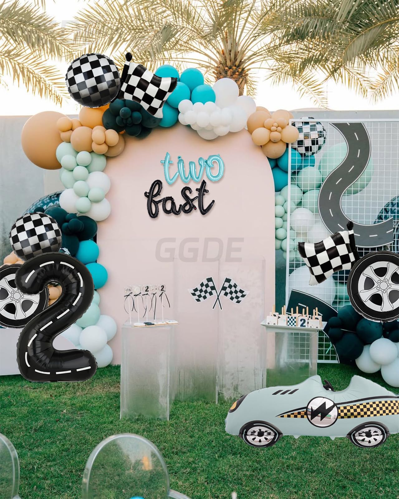 40-Inch Race Car Number 2 Balloon & Two Fast Banner Set - Black Blue Party Decor
