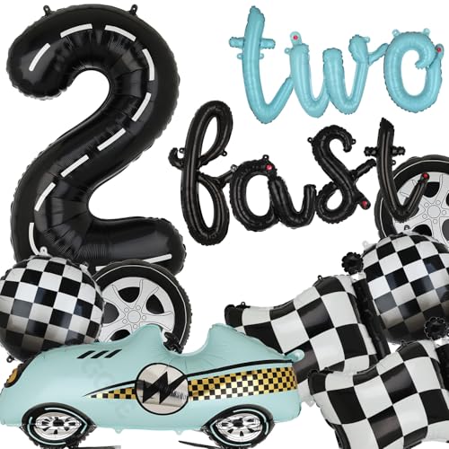 40-Inch Race Car Number 2 Balloon & Two Fast Banner Set - Black Blue Party Decor